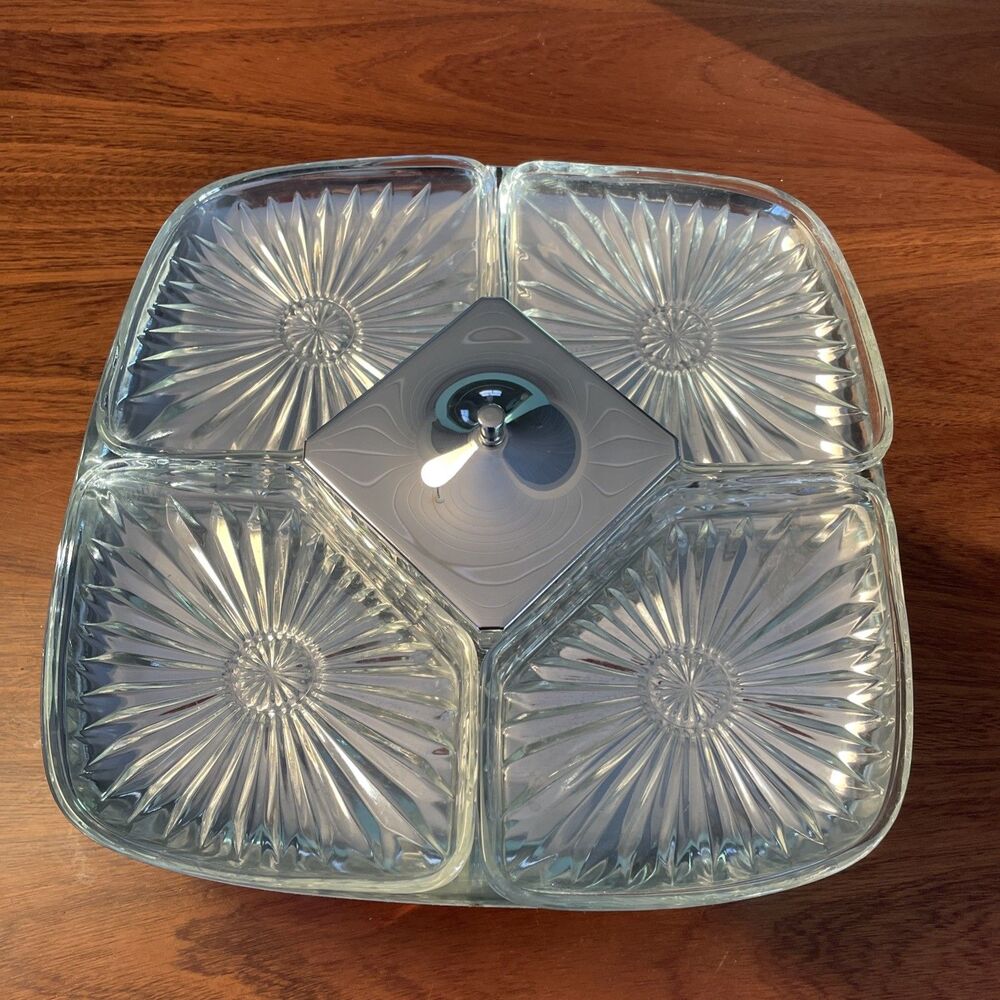 Vintage MCM 50s Milbern Kromex & Cut Glass Square Lazy Susan relish tray spins